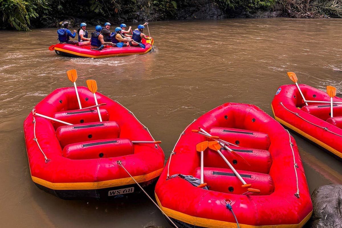 Team paddling a raft beneath jungle cliffs