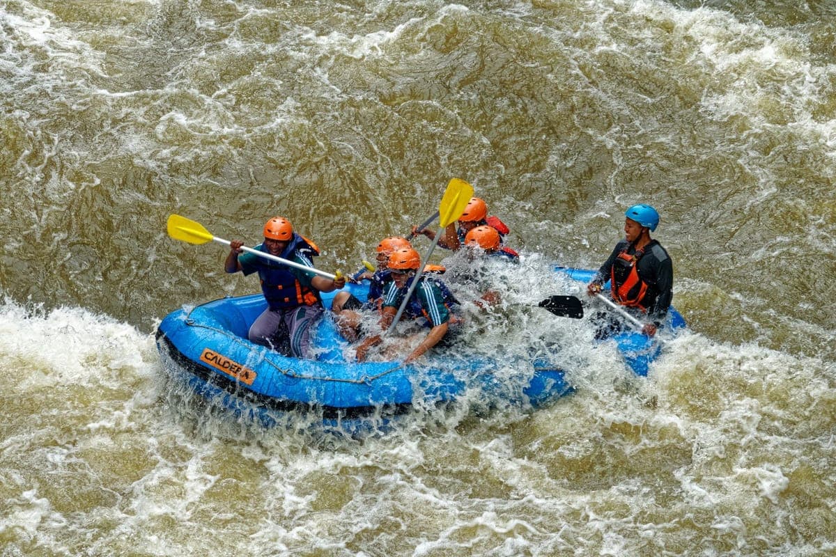 Guide and guests celebrating after the rapids